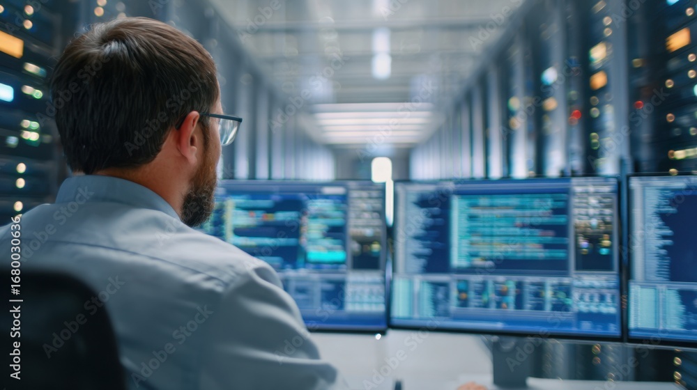Poster medium shot of a cybersecurity analyst reviewing ratelimit breach logs with an outoffocus data cente
