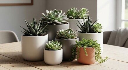 Succulents in Modern Pots on a Wooden Table, Home Decor, Indoor Plants