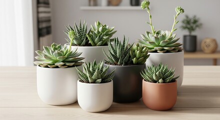 Variety of Succulent Plants in Decorative Pots on a Wooden Tabletop