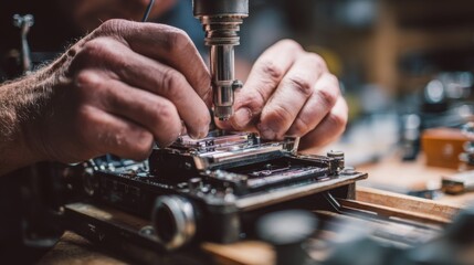 Focused medium shot captures hands assembling a vintagestyle bellows camera with a 3D printed lens board clear foreground craftsmanship softly blurred tools and printer in the