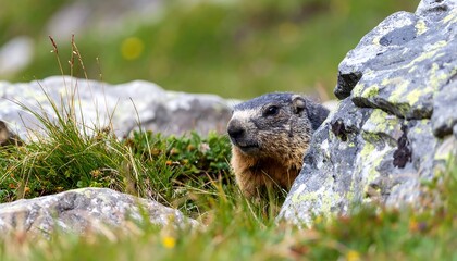 Alpine marmot peeking from behind rocks