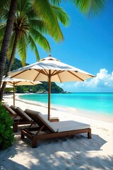 Luxurious umbrella resort nestled on a pristine beach, offering serene ocean views and ultimate relaxation Enjoy the shade and tropical breeze , palm trees, getaway, clouds