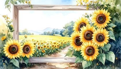 Watercolor sunflower field framed by wood