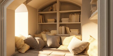 Cozy reading nook with built in bookshelves and pillows in a bright and inviting space design