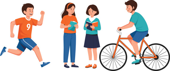 Children, running, reading, cycling, outdoor activity, education, teamwork, exercise, fun, learning, interaction, school kids, playtime, motion, youth, lifestyle 