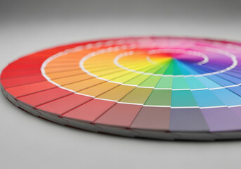 A vibrant color wheel fan deck showing a spectrum of hues arranged in a spiral for design and creative projects