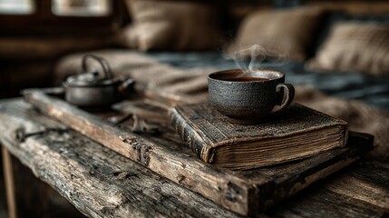 Tea cup and teapot on old books on a wooden tray in bedroom.