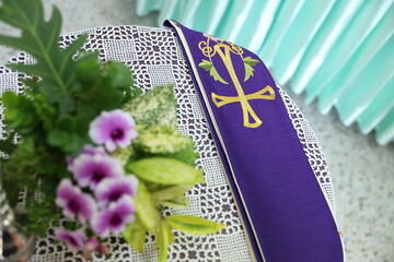 Purple Stole with Cross Embroidery on Lace Table – Catholic Liturgical Vestment