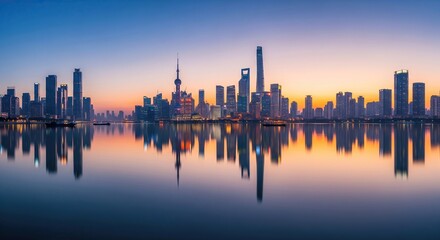 Fototapeta premium Shanghai Skyline at Dawn: Cityscape Reflection on the Water with Skyscrapers