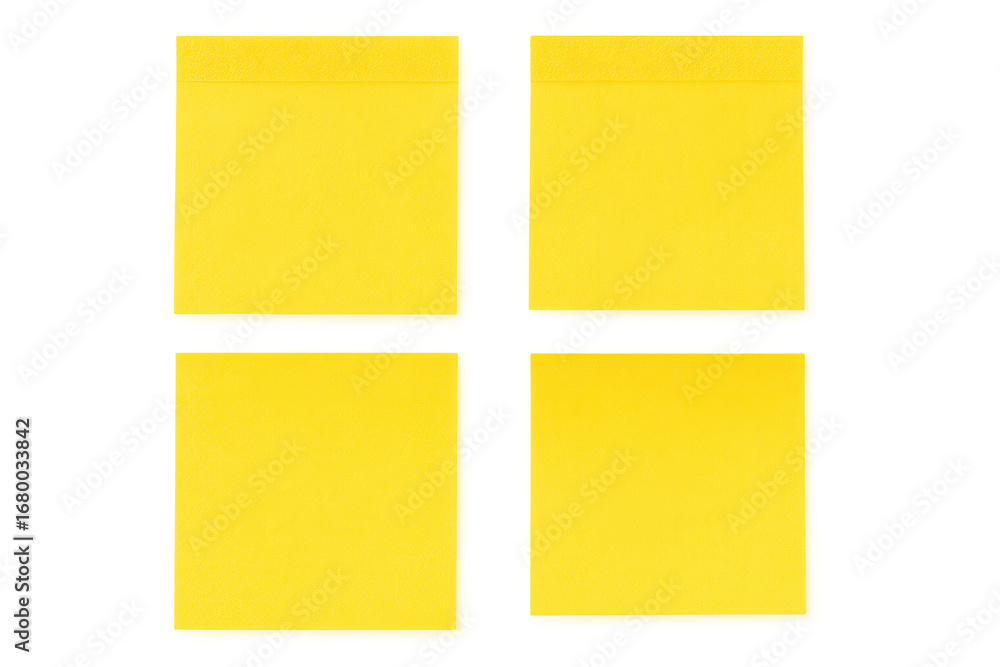 Poster four blank yellow sticky notes arranged on a transparent background, offering ample space for custom