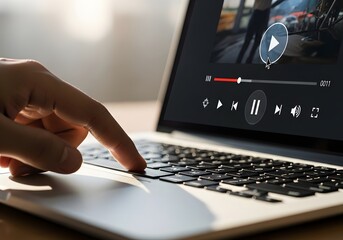 Person using a laptop computer to watch a video online. Finger pressing a key to pause the streaming media player for digital entertainment