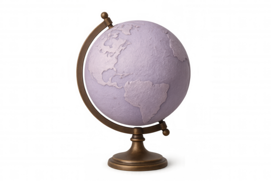 Rotating globe with purple continents and transparent background, perfect for educational or travel projects