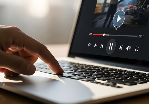 Person using a laptop computer to watch a video online. Finger pressing a key to pause the streaming media player for digital entertainment