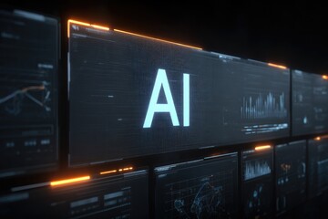 Futuristic AI display with multiple screens showing data