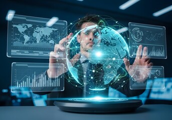 A visionary manager orchestrates global business operations using an advanced holographic user interface with data analytics