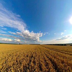 Golden Wheat Field Under a Vast Blue Sky with Fluffy Clouds.