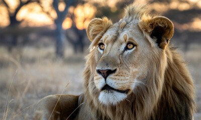 Fototapeta premium Close-up of a lion, golden light, savanna setting