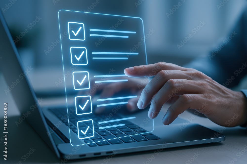 Poster online checklist: a close-up view of a hand interacting with a glowing digital checklist overlaid on
