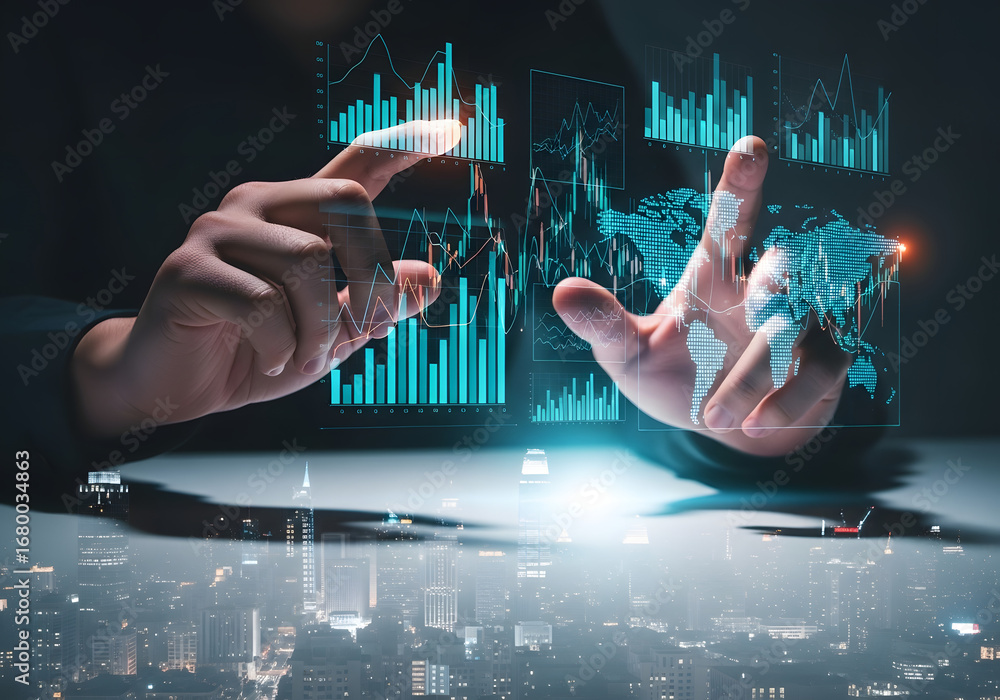 Poster global business strategy and data analysis with a person using an augmented reality interface over a
