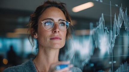 Medium shot capturing a focused business analyst reviewing line graphs on a transparent screen with an indistinct modern office environment behind.