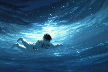 Astronaut floats underwater, starlit depths