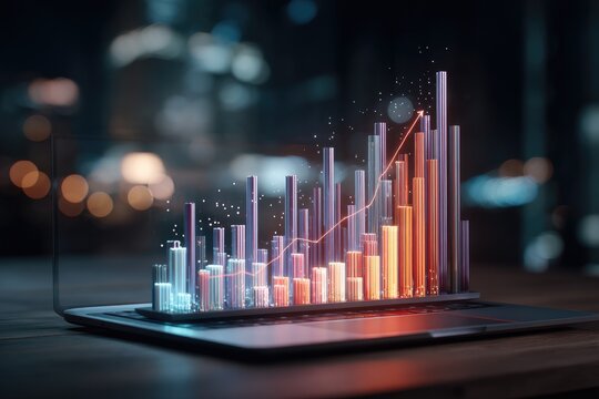 Graph rises on laptop, night city bokeh - Powered by Adobe