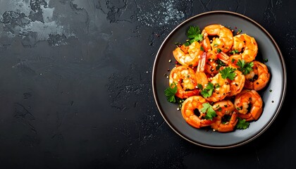 Sauteed shrimp on dark plate