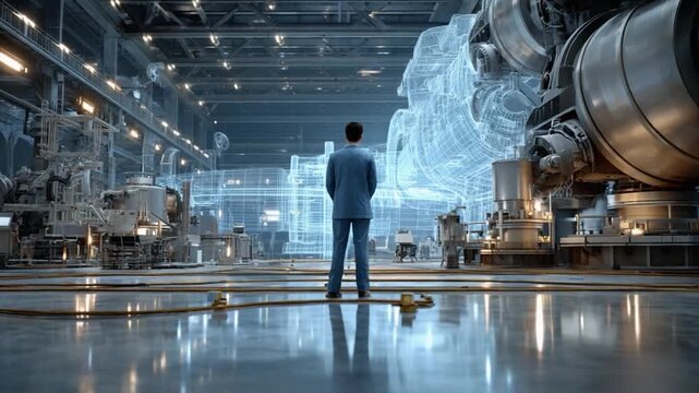 Vision of Progress: A forward-thinking individual stands, absorbed, within a state-of-the-art industrial facility, envisioning future engineering innovation and technological advancements.