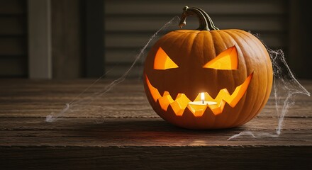 Obraz premium Glowing Halloween Pumpkin with Scary Face