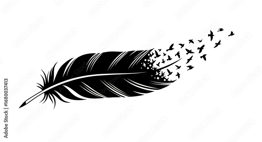 Poster A striking black feather illustration with a flock of tiny birds dispersing from its tip, perfect for design projects, available as a high-quality vector graphic in PNG format.