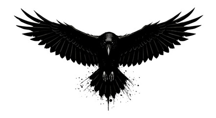 Obraz premium A striking vector illustration presents a majestic black raven with outstretched wings, showcasing a dynamic pose with artistic ink splatters, ideal for designs.