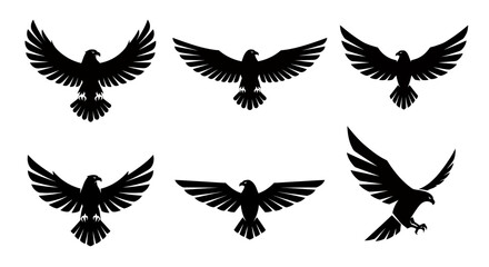 A collection of six stylized black eagle silhouettes in various flying poses, perfect for graphic design and emblem creation.
