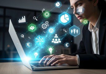 Futuristic business intelligence concept with a professional woman analyzing complex data through an interactive holographic interface on her laptop