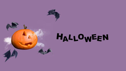 Jack-o'-Lantern or Halloween pumpkin with flying bats on a colored background. Collage art of Halloween