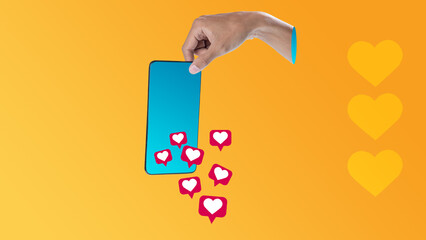 Human hand holding a cellphone with like symbols of social media icons with a colored background. Mockup, Copy space, or Template. Collage art of Social Media