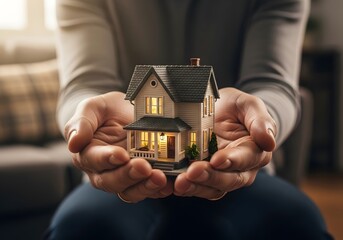 A person carefully holding a miniature illuminated house model, symbolizing real estate investment, homeownership dreams, and property insurance