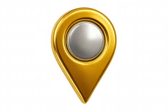 Golden location pin glowing against transparent background, marking precise digital mapping and navigation needs