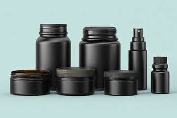 Various matte black cosmetic/supplement containers