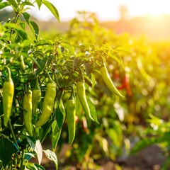 Green chili peppers growing on a plant in a field with sunlight.