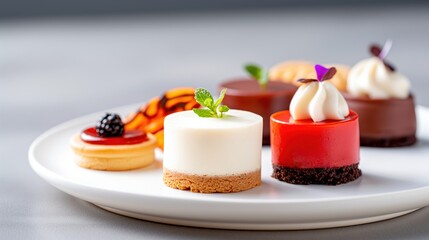 Selection of Sugar-Free Desserts Including Mousse Cups and Cookies on a Clean White Plate With Flowers