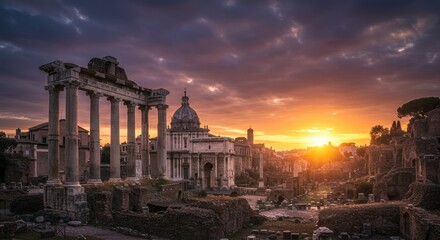 Fototapeta premium Majestic Roman Forum at Sunset with Dramatic Clouds