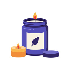 Scented candle jar with leaf symbol next to round candles in vibrant colors  
