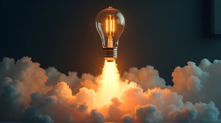 Inspiring lightbulb soars through clouds, symbolizing innovation and breakthrough ideas for modern business