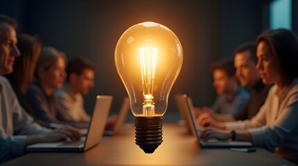 Brainstorming team collaborating on innovative ideas with glowing lightbulb representing bright solutions