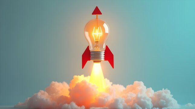 Launch your next big idea with this bright lightbulb rocket soaring through fluffy clouds of opportunity
