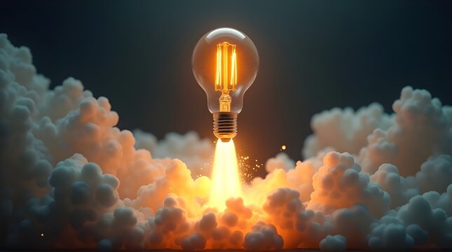 Ignite your ideas with this lightbulb rocket launching innovation towards success and bright future concepts