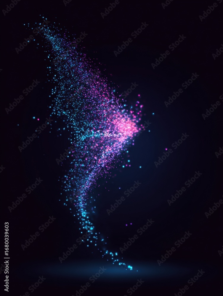 Poster colorful particles swirl together in a mesmerizing display of light against a dark background