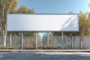 Blank billboard by a metal fence and trees