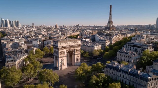 High-angle view of Paris, France, featuring the Arc de Triomphe and Eiffel Tower