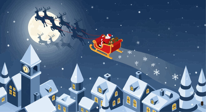 Christmas 2025 santa claus sleigh flying over snowy town christmas eve vector illustration holiday season night scene drawing vector